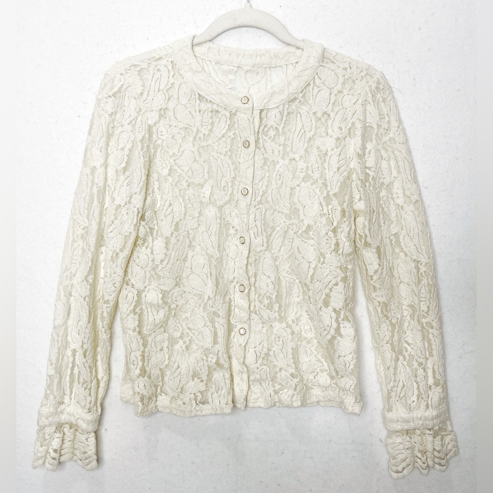 No Brand Lace Sheer White Lace Ruffle Sleeve Long Sleeve Button Front Blouse